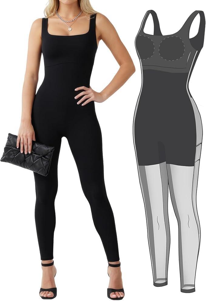 Popilush Shapewear Jumpsuits for Women Built-in Bra Tummy Control Bodysuit Square Neck Sport Romper Summer Outfit (Black, M)
