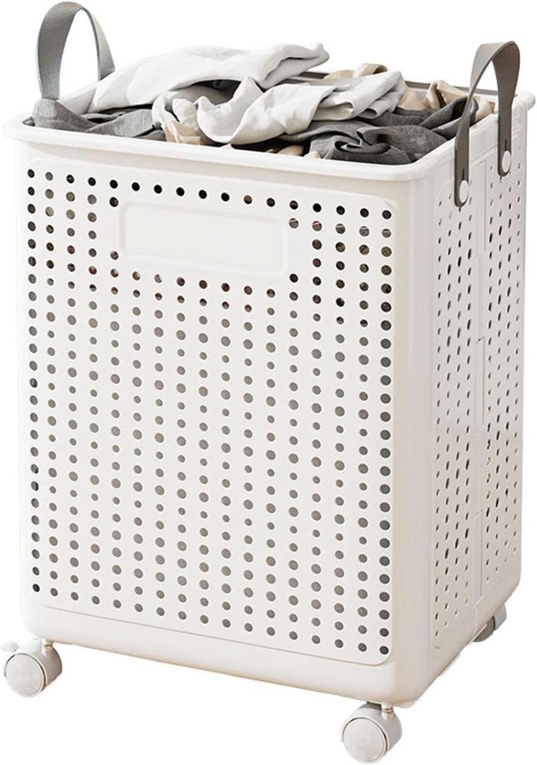 WESAPPINC 55L Collapsible Extral Large Laundry Hamper, Plastic Laundry Basket with Wheels,Suitable for Bathroom, Bedroom, Dorm Room & Laundry Room,Basket with Handle (White)