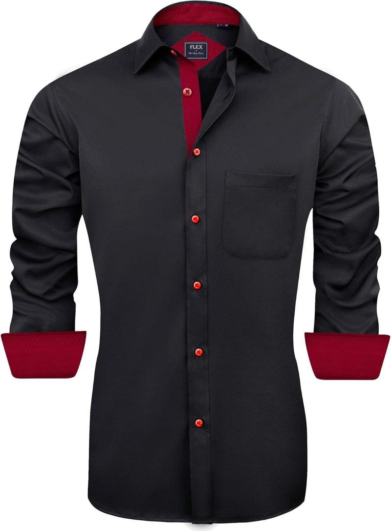 J.VER Men's Casual Long Sleeve Stretch Dress Shirt Wrinkle-Free Regular Fit Button Down Shirts (4X-Large, Black Red)