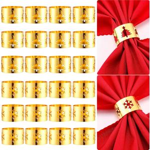 24 Pcs Christmas Napkin Rings Set Snowflake Xmas Tree Hollow Napkin Gold Holders Xmas Kitchen Table Rings Holders for Christmas Dinner Table Supplies