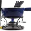 Artestia Cast Iron Fondue Pot Set for Cheese & Chocolate, Fondue Set for 6 with Burner & 6 Forks, Swiss Fondue Pot for Party, Family & Gift, Blue