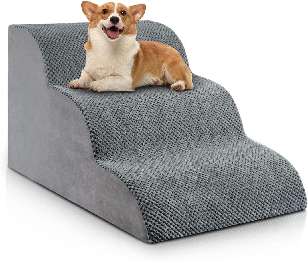 Chic Threads Dog Stairs for Small Dogs, 3-Step Dog Stairs for High Beds and Couch, Pet Steps for Small Dogs and Cats，Non-Slip Stable Indoor Dog Steps, Grey 22.4"D x 15.7"W x 15.7"H