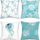 Bonhause Turquoise Coastal Pillow Covers 18x18 Inch Set of 4 Beach Starfish Seashell Ocean Coral Jellyfish Pillow Cases Soft Velvet Outdoor for Sofa Couch Car Bedroom Home Decor