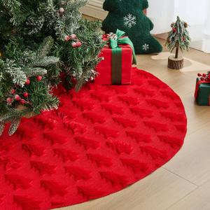 EKOREST Fluffy Plush Christmas Tree Skirt 48 Inches, Solid Red Trees Soft Faux Fur Pencil Tree Skirt, Winter Xmas Tree Mat for Home Party Holiday Decorations