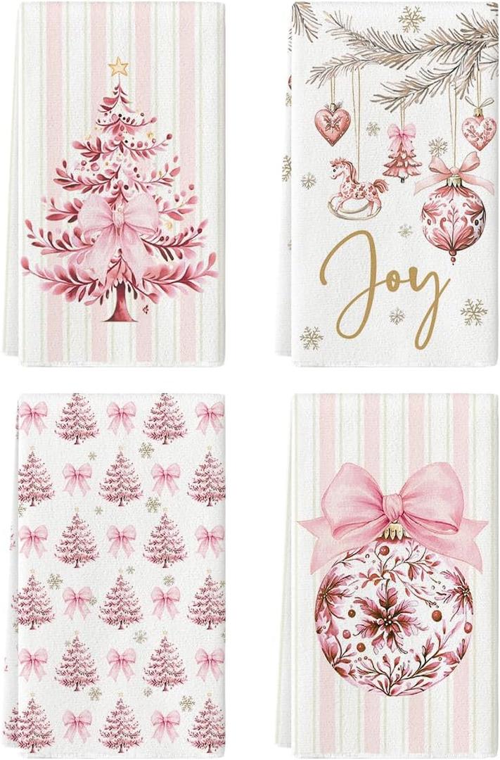 Artoid Mode Pink Porcelain Ornaments Xmas Tree Christmas Kitchen Towels Dish Towels, 18x26 Inch Farmhouse Holiday Winter Decoration Cleaning Set of 4