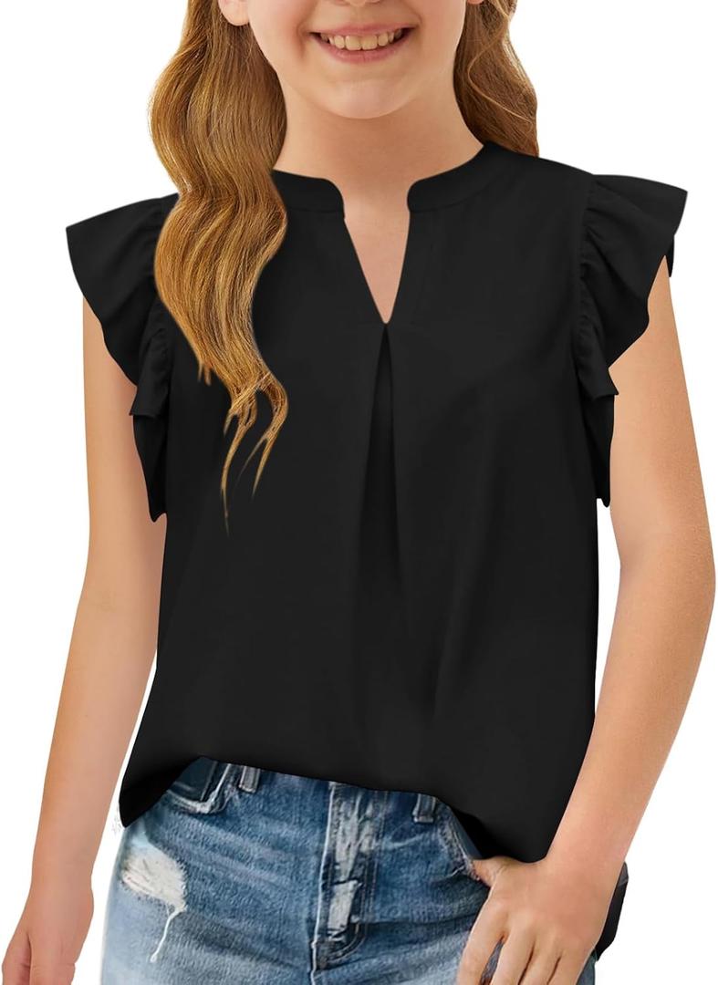 Haloumoning Girls Summer T Shirts Kids Fashion V Neck Ruffle Short Sleeve Tops Blouse 5-14 Years (Black)