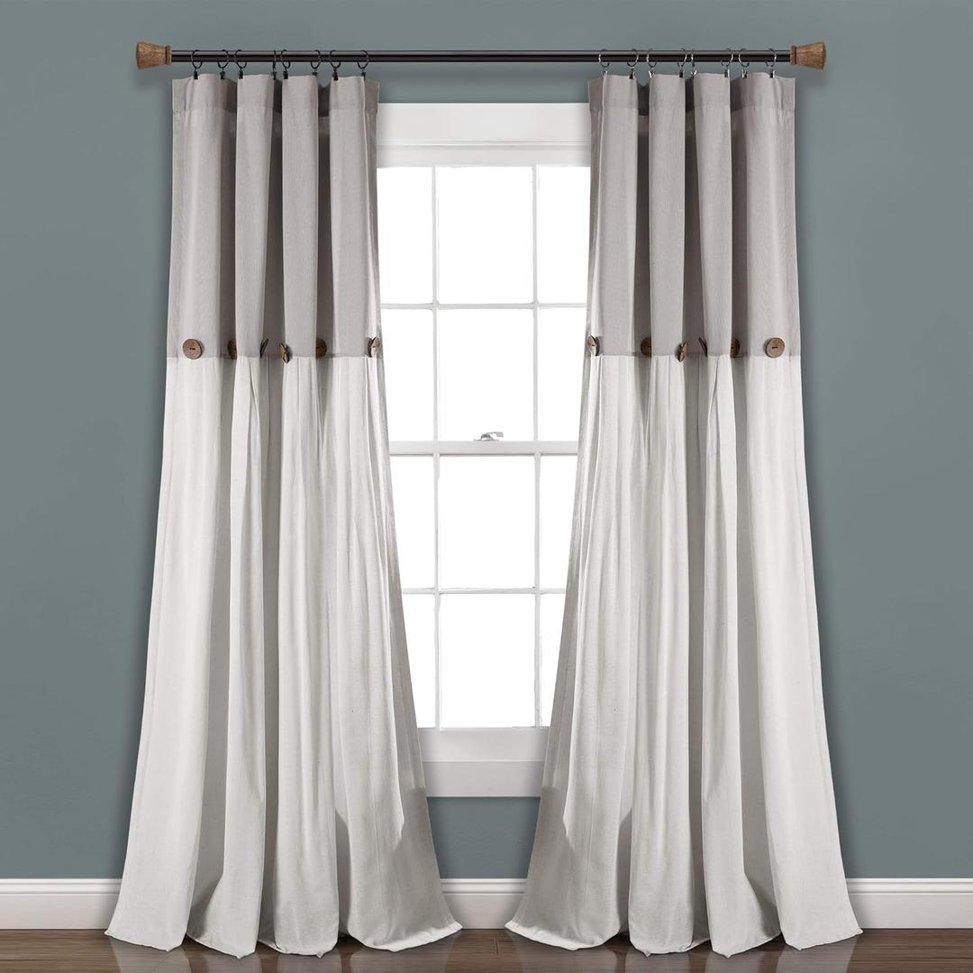 Lush Decor Linen Button Window Curtain Panel, Single, 40" W x 95" L, Gray & Off White- Country Curtains - Rustic Decor - Color Block - Modern Farmhouse Curtains