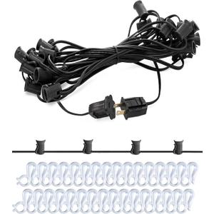 25Ft Light String Set with 25 #10 Plastic Clips, C7 Outdoor String Light Stringer, E12 Sockets 12" Spacing, Light Strand Spool for Christmas Backyard Roofline Wedding Patio Lighting Decor, Black Wire