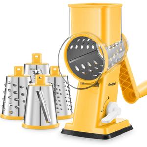 Geedel Rotary Cheese Grater - Upgraded Vegetable Shredder with 4 Interchangeable Blades, Easy to Clean Cheese Shredder with Handle, Kitchen Grater Nuts Grinder for Cutting Cheese, Vegetable, Nuts (Yellow)