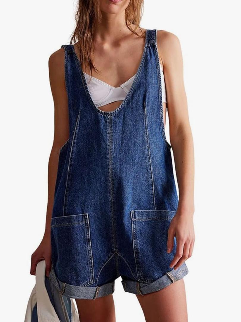 CHARTOU Women Casual Denim Short Overalls Rolled Cuff Barrel Shorts Jumpsuit Rompers, 160 Medium