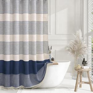 Navy Blue Shower Curtain Linen Coastal Ocean Striped Shower Curtains for Bathroom with Tassel 48 X 72
