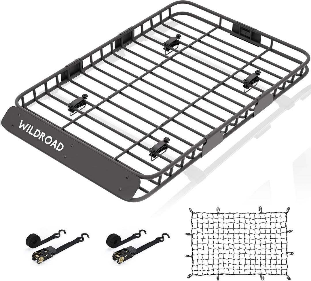 Wildroad Car Roof Cargo Carrier Combo of Upgraded 64"x 39"x 4" Roof Rack Cargo Basket, Super Duty Bungee Cargo Net. Universal Car Top Luggage Holder Carrier Basket Fits for SUV Truck Cars