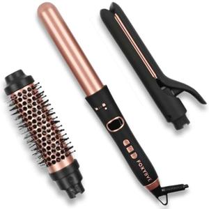 FoxyBae 3-in-1 Interchangeable Hair Tools - Curling Wand w/ 3 Attachments - Hot Round Brush, Straightening Iron & Hair Curler for Shiny Curls - Hair Dryer Brush & Hair Styling Set [Black-Rose Gold]