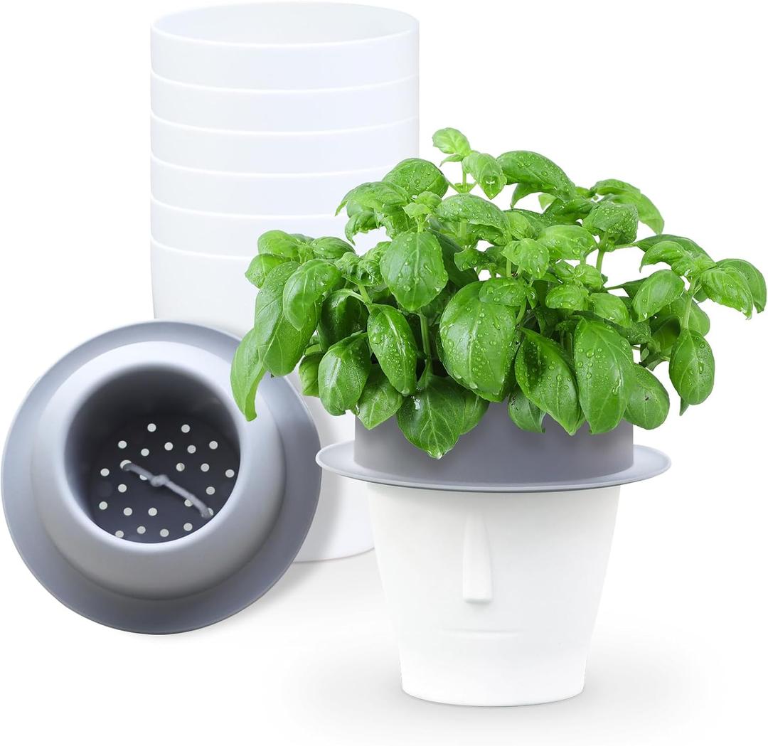 Self Watering Planter 6 Pcs, 6 Inches Flower Plant Pot with Inner Pot, Gardening Flowerpot with Watering Can, Indoor Self Watering Planter Pot for Herbs, Flowers, Fruits (Grey, 6IN)