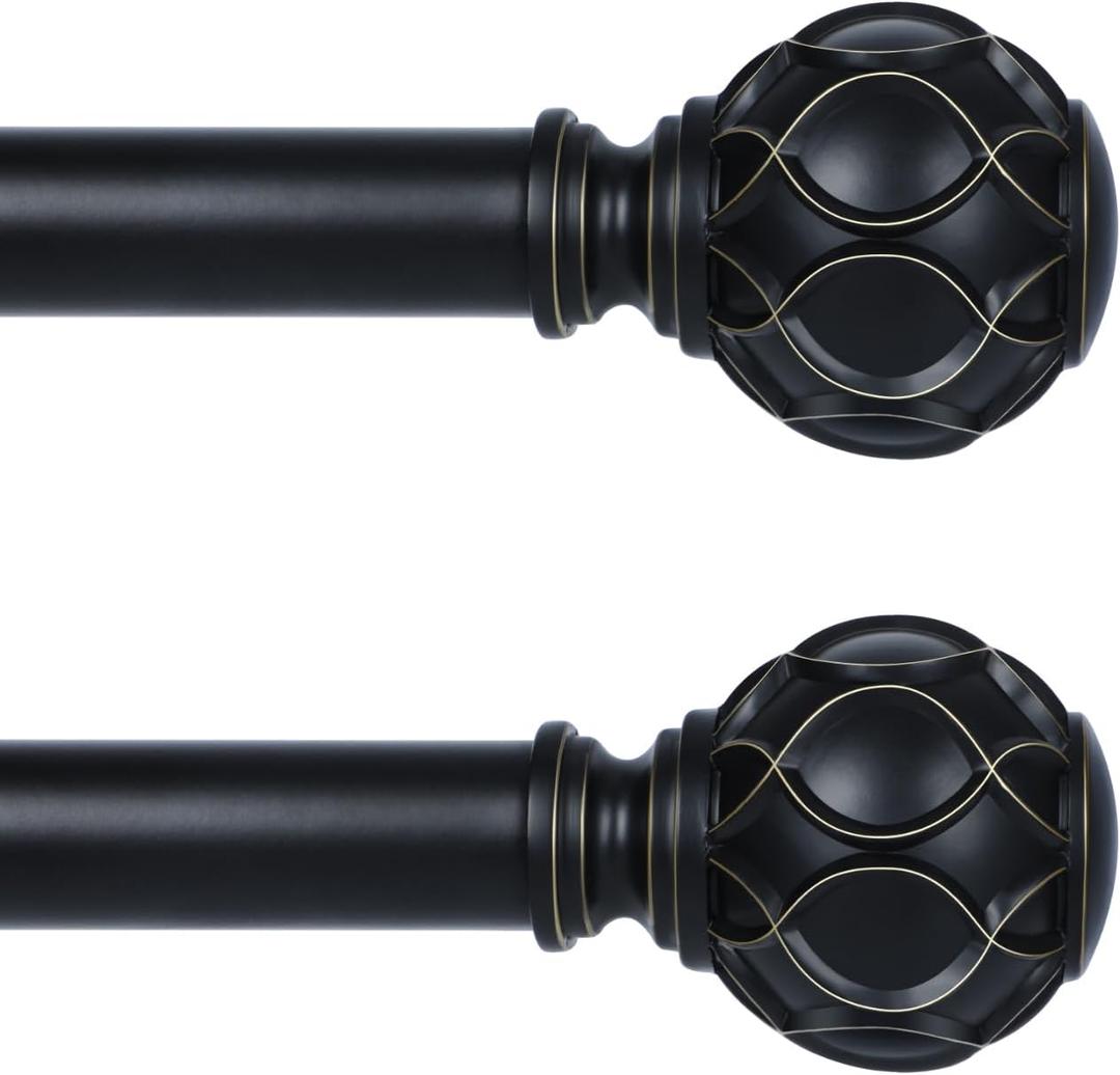 Black Curtain Rods for Windows 2 Pack:Farmhouse Boho Decorative Curtain Rod for Bedroom Living Room,Heavy Duty Adjustable Rustic Drapery Rods Set with Vintage Coastal Finials,Matte Black 18-45"