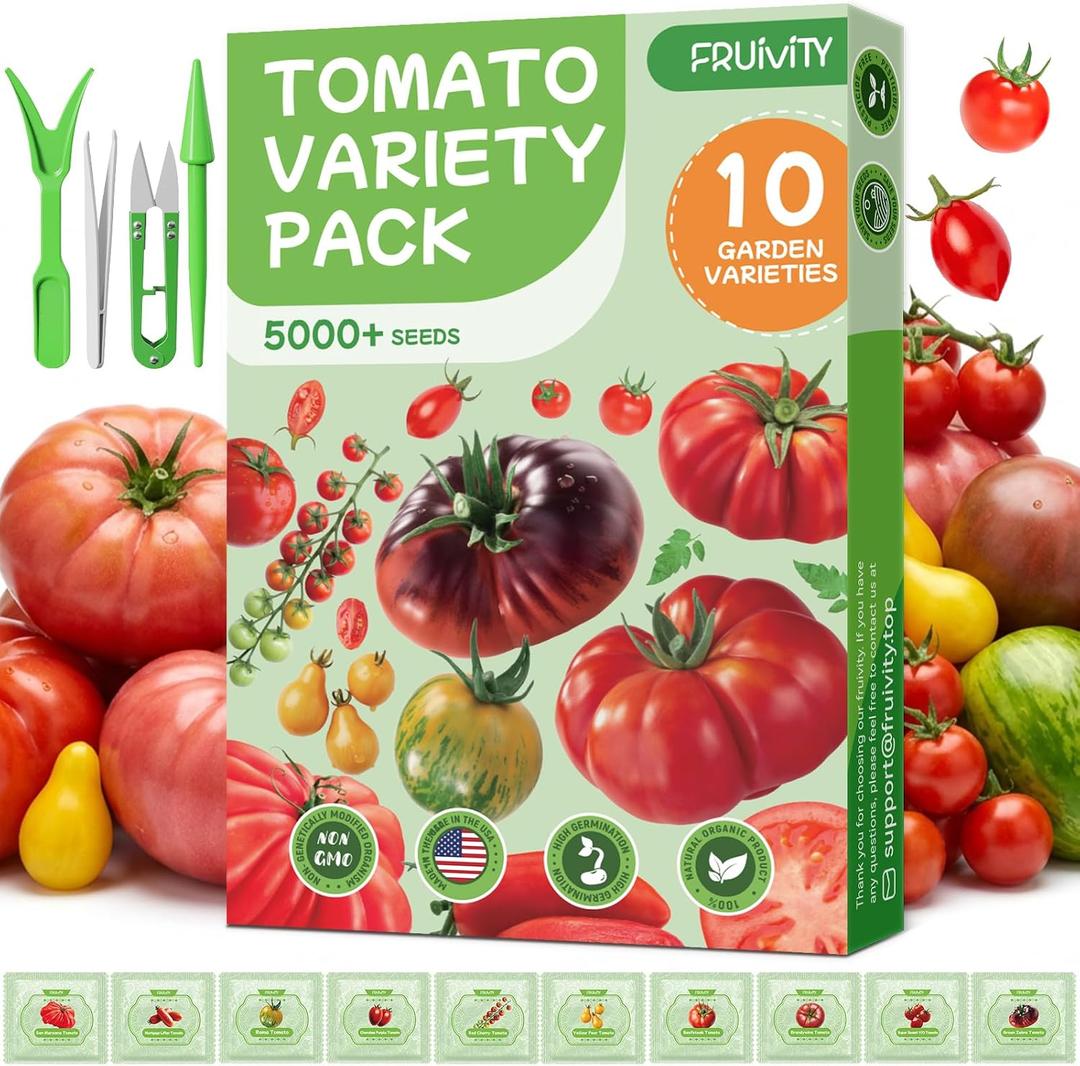10 Pack Tomato Seeds Variety Pack -5000+ Garden Tomato Seeds for Planting Outdoors & Indoor Home Gardening Gift, Roma, Chreey Tomatoes & More