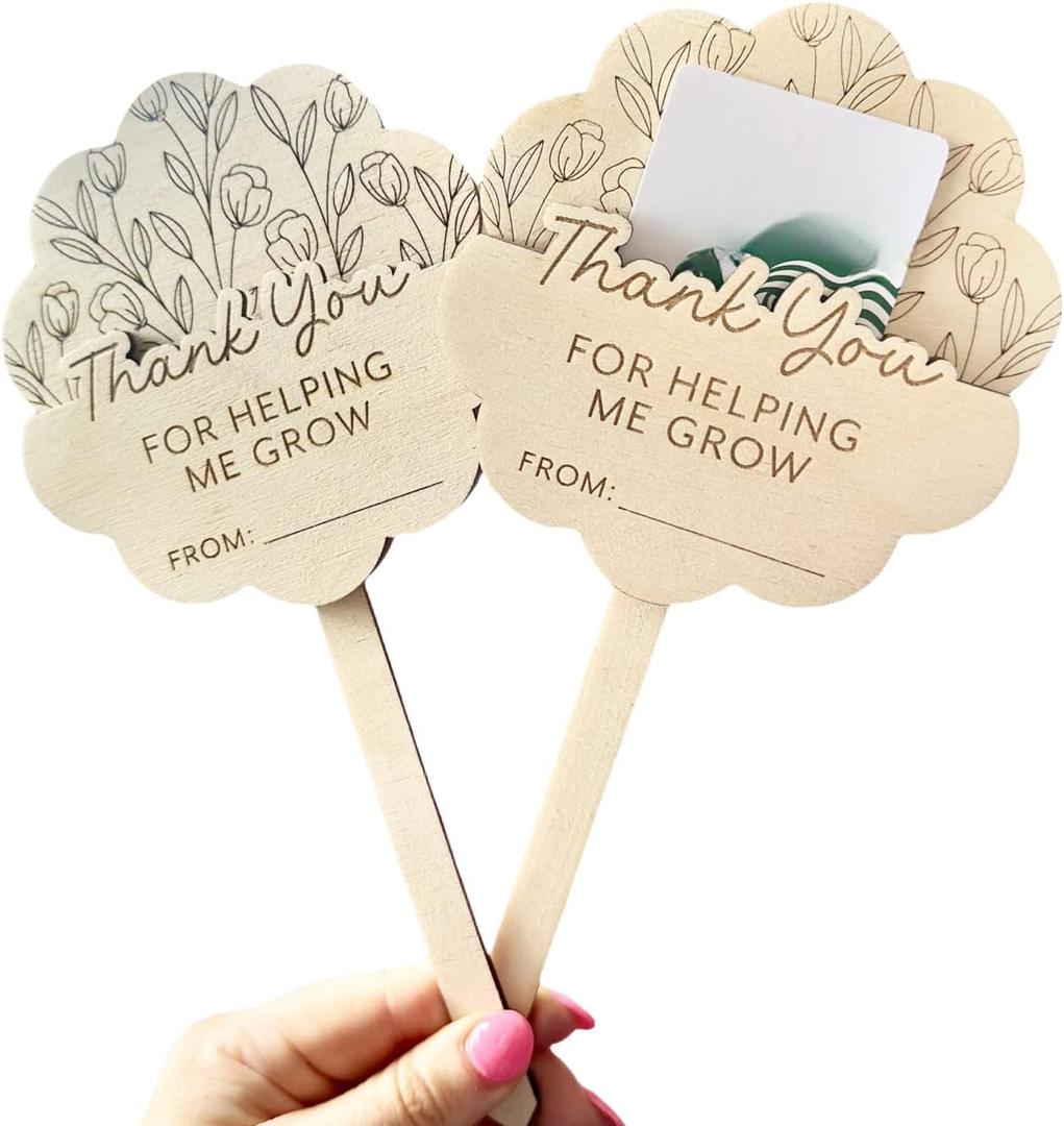 Wooden Teacher Appreciation Plant Tags Sign, Thank You for Helping Me Grow Gift Card Plant Tags, Teacher Appreciation Plant Tag with Gift Card Holder, Set of 2 (02)