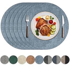 Enaskv Round Placemats Set of 6, Faux Leather Heat Resistant Place Mats Reversible Waterproof Oil-Proof Non-Slip Wipeable Mat for Kitchen Dining Table Indoor Outdoor, Sky Blue