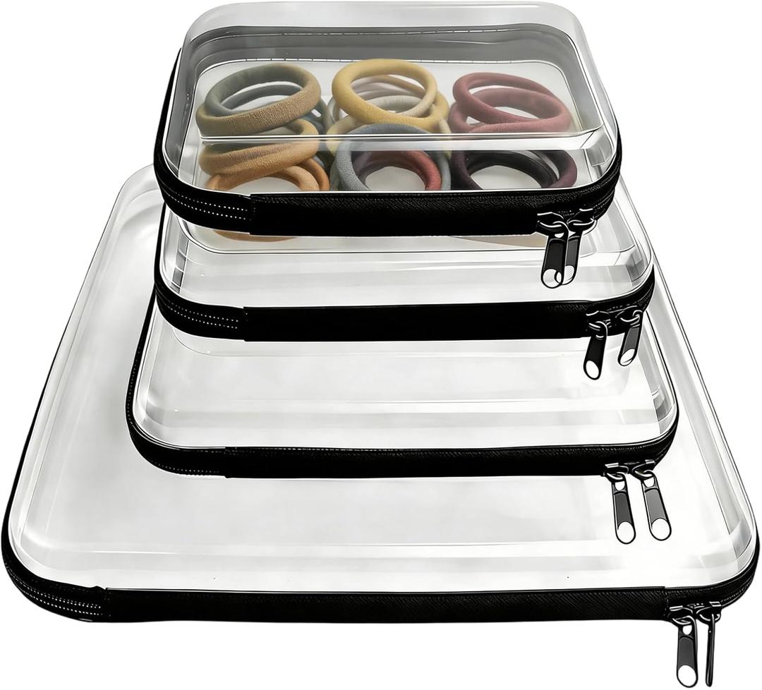 4PCS Clear Hard Shell Double-Zipper Pouches, Transparent Plastic Organizer Bags for Travel Cosmetics, Toiletries, Toy Storage & More (Black)