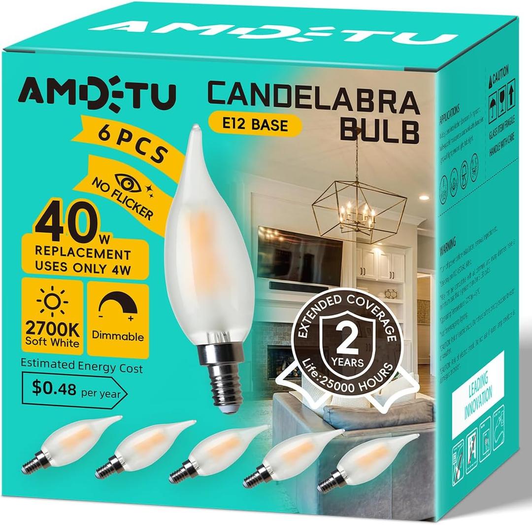 AMDTU E12 40 Watt Equivalent Frosted Small Base LED Bulb Candelabra Candle CA10 Dimmable Chandelier Light Ideal for Dining Rooms Living Rooms and bedrooms Long Lasting Light for Cozy Settings (6 Count (Pack of 1), 4w=40w 2700k Soft White)