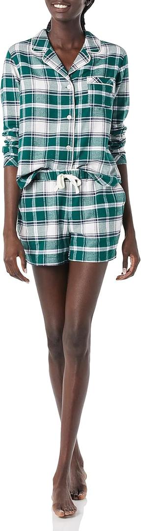 Amazon Essentials Women's Lightweight Woven Flannel Pajama Set with Shorts (Medium, Dark Green White Plaid)
