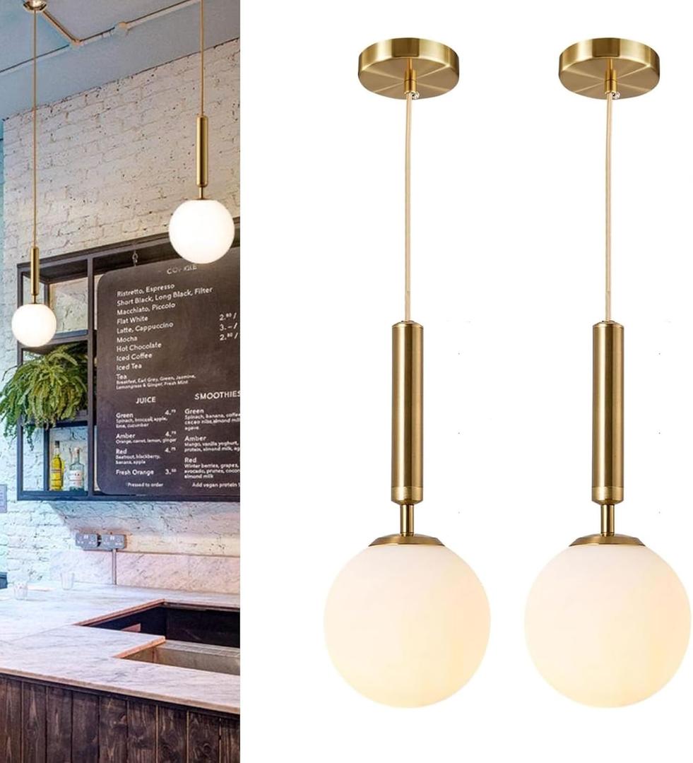 Modern Ceiling Lights Battery Operated Pendant Lights Set of 2,Gold Battery Chandelier with Wireless Remote Dimmable,10 Colors Modes Rechargeable Bulb for Kitchen,Dining Room,Living Room,Bedroom