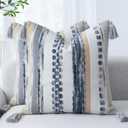 PANOD Chenille Farmhouse Throw Pillow Covers 18 x 18 Grey, Neutral Boucle Couch Pillow Cover, Striped Decorative Boho Coushion Cover Pillow Case for Couch Bed Sofa Bedroom,Modern Accent,Set of 2