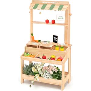 PairPear Wooden Mud Kitchen & Market Stand, 2-in-1 Indoor & Outdoor Playset with Real Soil Gardening, Montessori Solid Wood Design Pretend Play Toy with Cash Register & Play Food, Ages 3+, 5.11 x 27.55 x 15.74 inches