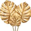 DILATATA 3 Pcs Artificial Monstera Leaves With Long Stem - Golden Tropical Plant, Gold Palm Leaves, Philodendron Fronds for Wedding, Hawaiian Luau, Jungle Party Decorations