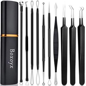 Pimple Popper Tool Kit - Boxoyx 10 Pcs Blackhead Remover Comedone Extractor Kit with Box for Quick and Easy Removal of Pimples, Blackheads, Zit Removing, Forehead, Facial and Nose (Black)