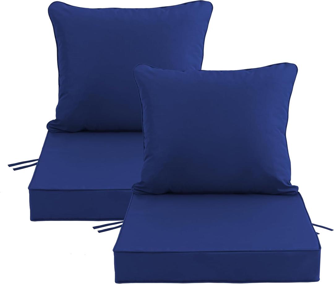 24x24 Inch Outdoor Chair Cushions Set of 2, Patio Furniture Cushions - Removable Cover, Water-Repellent, Fade-Resistant, Non-Slip Bottom & Straps, Replacement for Deep Seat Sofa & Couch - Navy, 2 Pack | 24''x24''