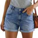 onlypuff Women Jean Shorts Ripped Mid Rise Stretchy Distressed Casual Denim Shorts (Blue)
