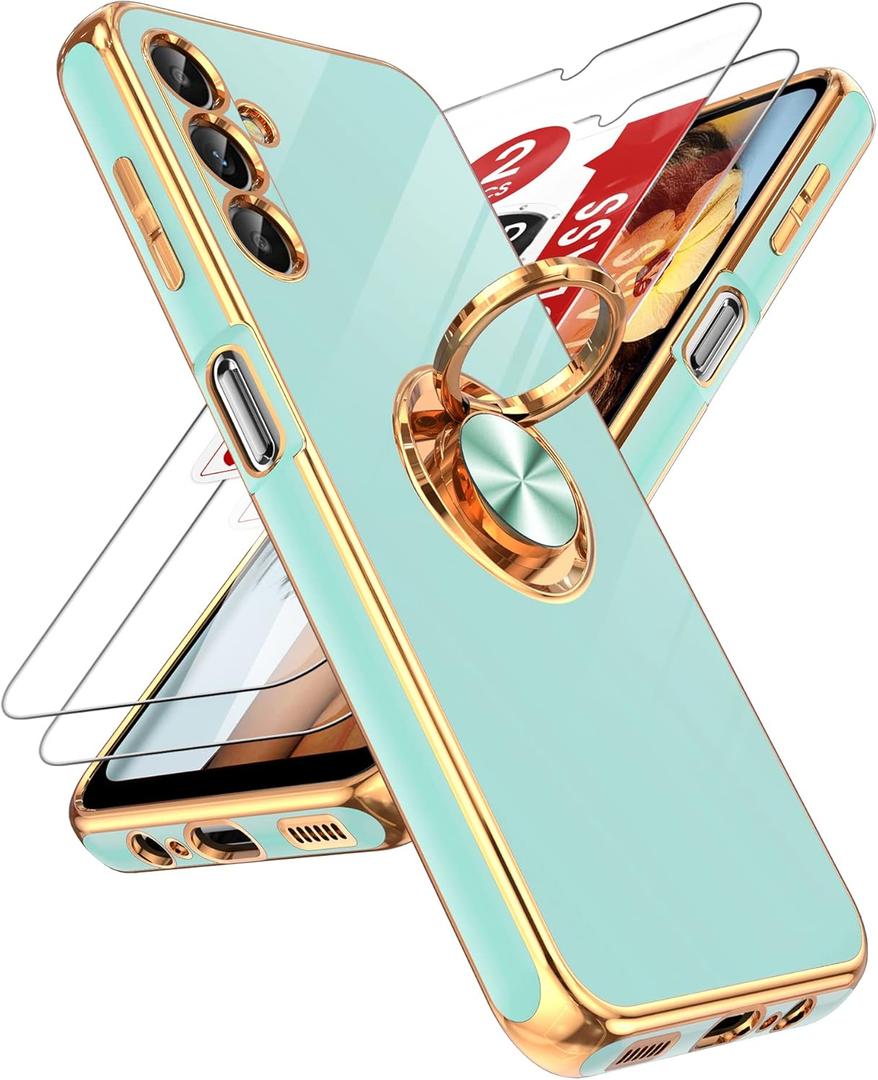 LeYi for Samsung Galaxy A14 5G Case with [2 Pack] Tempered Glass Screen Protector 360 Rotatable Ring Holder Magnetic Kickstand, Plating Rose Gold Edge Protective Case, Mint