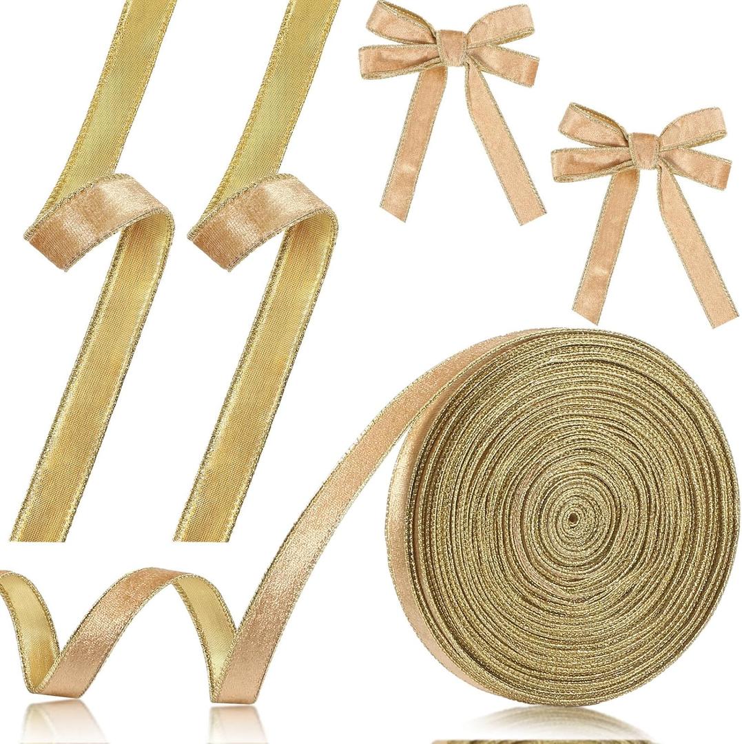 25 Yards x 5/8 Inch Christmas Velvet Ribbon for Gift Wrapping Metallic Silver Crushed Velvet Ribbon for Bows Making Wreath Decoration(Champagne, Gold)