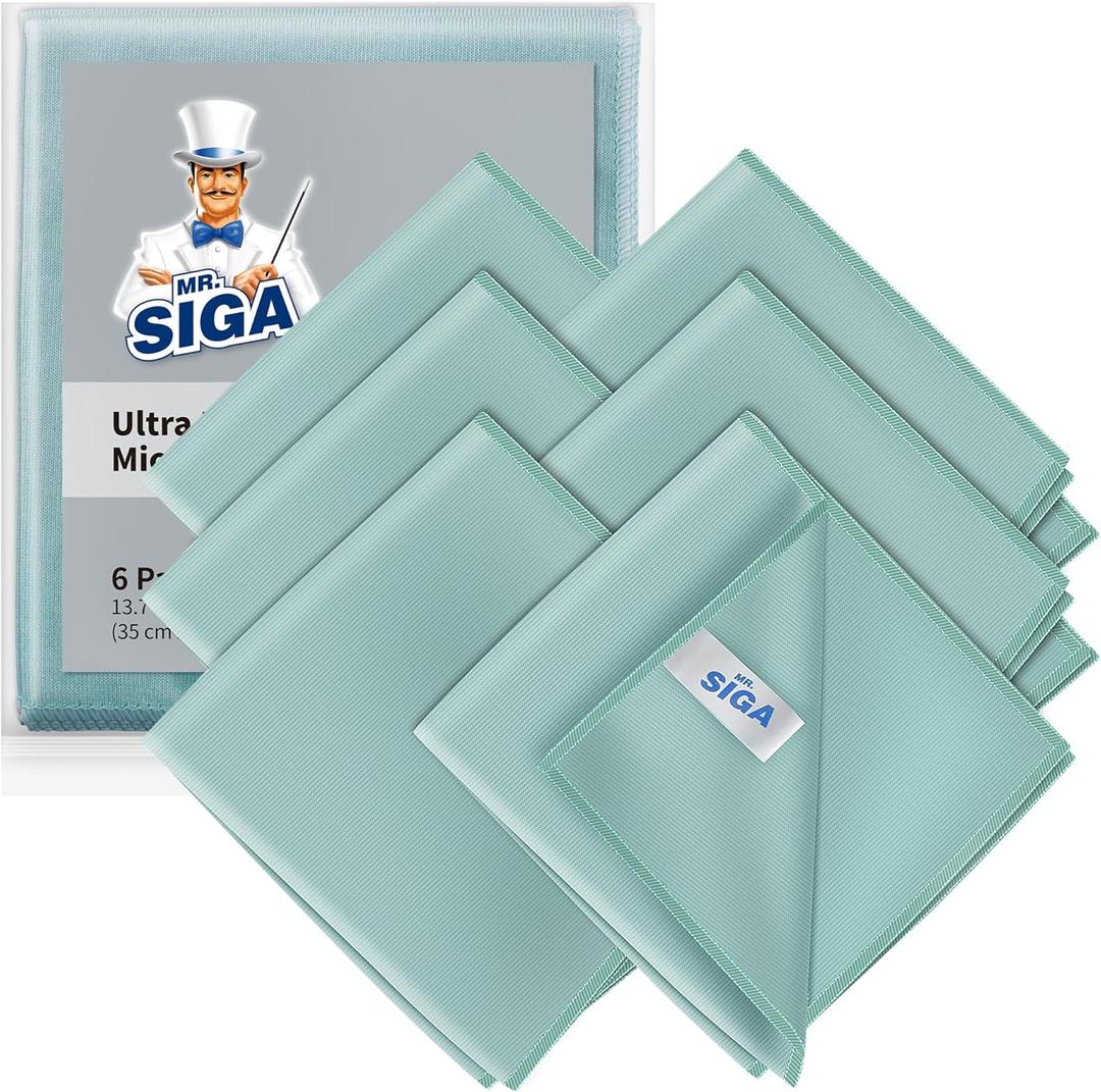 MR.SIGA Ultra Fine Microfiber Cloths for Glass, Pack of 6, 35 x 40 cm 13.7" x 15.7" (Green)