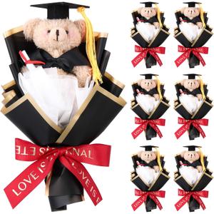 Briwooody 6 Pcs 2026 Graduation Flower Bouquet Gift Bulk Cute Graduation Plush Bear Bouquets Class of 2026 Grad Party Favors Supplies(Black,Bear)