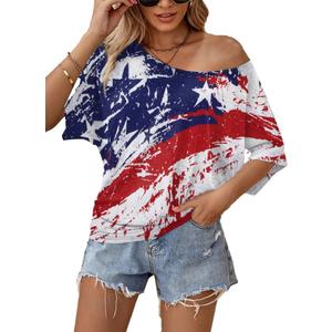 LUKYCILD American Flag Off The Shoulder Shirt Stars and Stripes Shirts Patriotic T Shirts Short Sleeve Summer Tops, XL