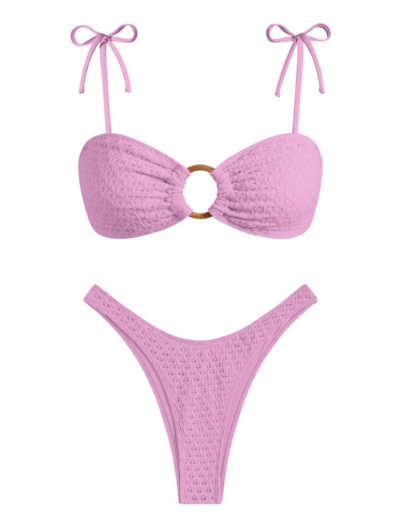 ZAFUL Women's Bandeau Bikini Tie Shoulder O Ring Cheeky Swimsuit (Pink, XL)