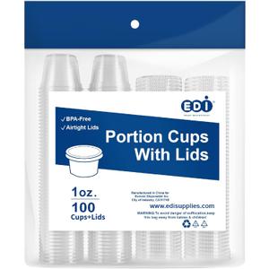 EDI [1 OZ, 100 Sets] Clear Disposable Plastic Portion Cups With Leakproof Lids | Jello Shot, Condiment, Dipping Sauce, Souffle Cups | BPA Free | Recyclable