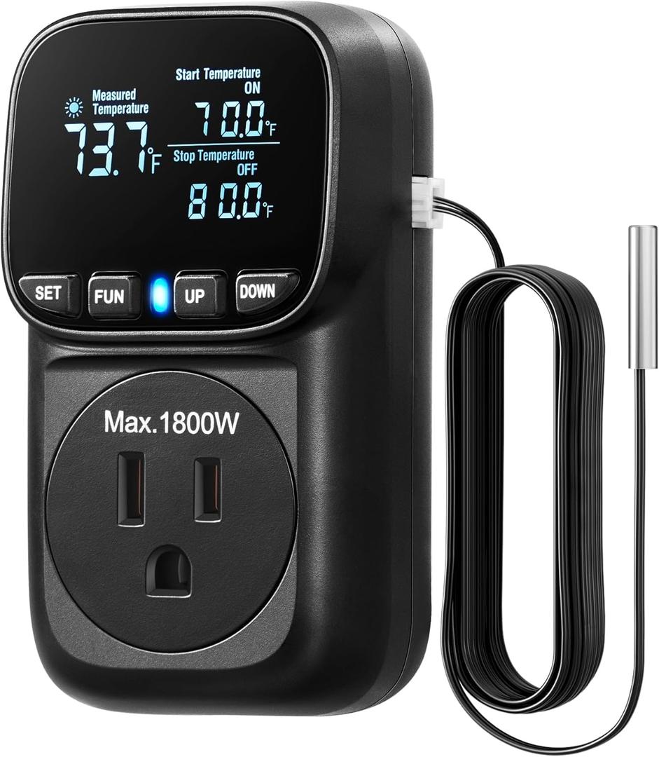 DEWENWILS Digital Temperature Controller, Heavy Duty 15A/1800W Thermostat Outlet Plug, VA Display Heating Cooling Control Timer, -40~210, Cyclic Timing/Countdown, for Greenhouse Incubator, Black