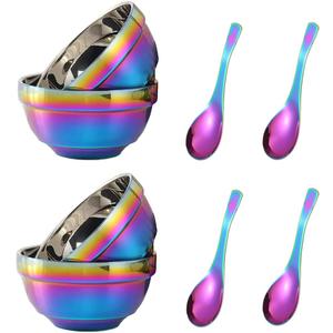 14oz Rainbow Bowl Set with 4x Soup Bowls and 4x Soup Spoons, 304 Stainless Steel Double-Walled Cereal Bowls for Breakfast, Drop Resistance Children Bowls