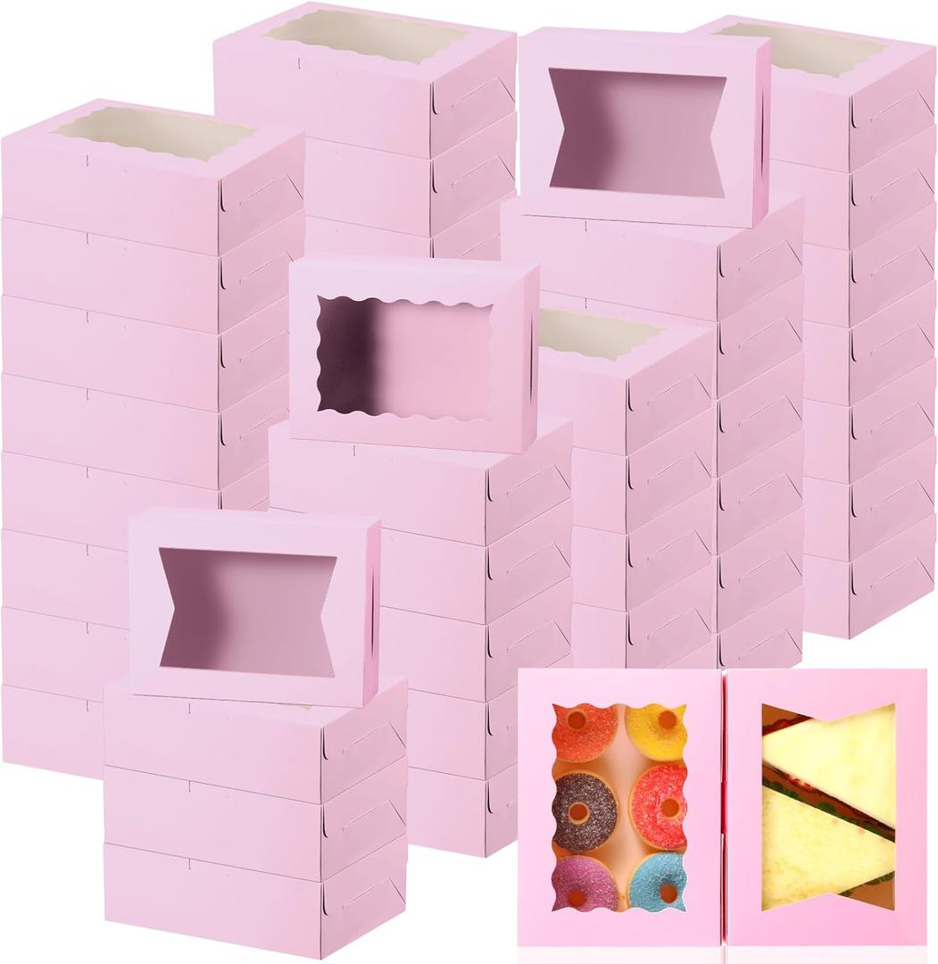 TaoBary 100 Pcs 8 Inch Bakery Boxes 8 x 6 x 2.5 Inch Cookie Pastry Boxes with 2 Style Window for Cookie Treat Chocolate Strawberries Cupcakes Candy Muffins(Pink)