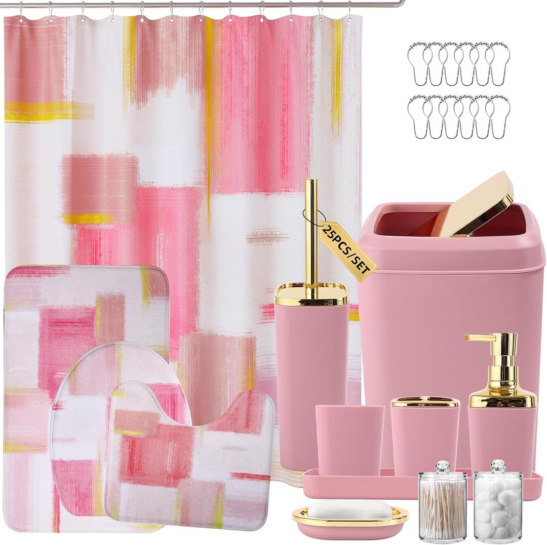 XLHOMO Bathroom Set - Pink and Gold Bathroom Accessories Set, Bathroom Sets with Shower Curtain and Rugs, Pink Shower Curtain Set with Bathroom Trash Can, Soap Dispenser, Soap Dish for Home Decor