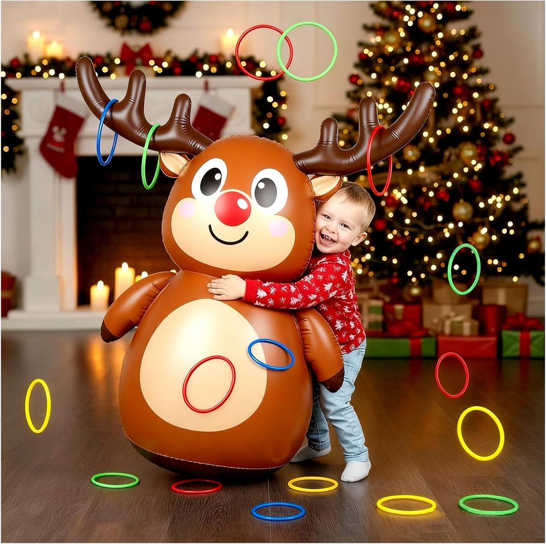 Christmas Games for Family PartyInflatable Reindeer Antler Ring Toss Game and Wobbling Punching Bag, Fun Holiday Games Xmas Gifts for Kids and Adults Also Great for Carnival Decoration