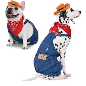 Dog Overalls with Cowboy Hat & Bandana Scarf - Overalls for Dogs Denim Puppy Costume, Adjustable Dog Jeans Outfit for Small Dogs and Cats - Cowboy Costume M Around 10 lb Dogs and Cats