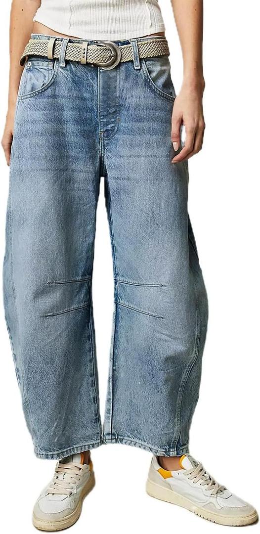Allimy Womens Jeans High Waisted Mid Rise Baggy Loose Fit Ankle Barrel Leg Y2K Boyfriend Horseshoe Cropped Wide Leg Jeans for Women Trendy 2025 Denim Capri Pants Women Blue Size 2