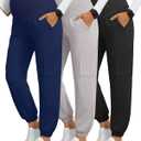 3 Pack Women's Maternity Scrub Pants, Workwear Pregnancy Jogger Pants Over Belly Yoga Sweatpants Zippered Pockets (Black, Light Gray, Navy Blue) S