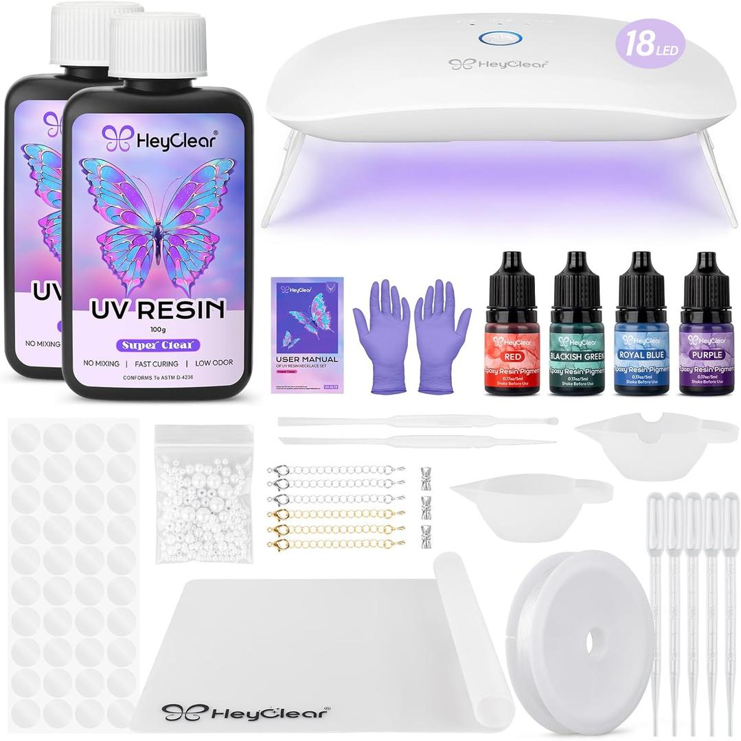 HeyClear UV Resin Kit Jewelry Making Supplies with 18 LED Beads UV Light -200g UV Resina Clear, Hard, Premixed and Fast Curing UV Glue for Coating, Create Decorations, DIY Art Crafts for Adults