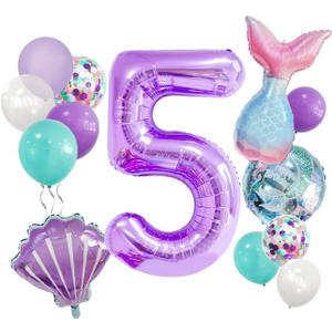 5th Mermaid Birthday Decorations, Number 5 Balloons, 13 Pcs Mermaid Balloons for 5th Birthday Decorations