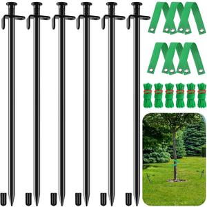 Tree Stake, 6 Pcs 15.8 Inch Heavy Duty Steel Tree Stakes and Supports for Leaning Young Trees Straightening Against Bad Weather, Plant Supports Kit with 6 Pcs Straps and 78.6 ft Anchor Ropes